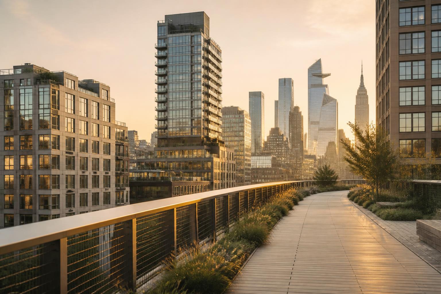 The High Line elevated walkway in New York City at golden hour, with the Manhattan skyline visible beyond and minimal greenery along the path